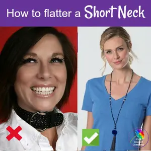 Flatter and lengthen a short neck with an open neckline and vertical features
