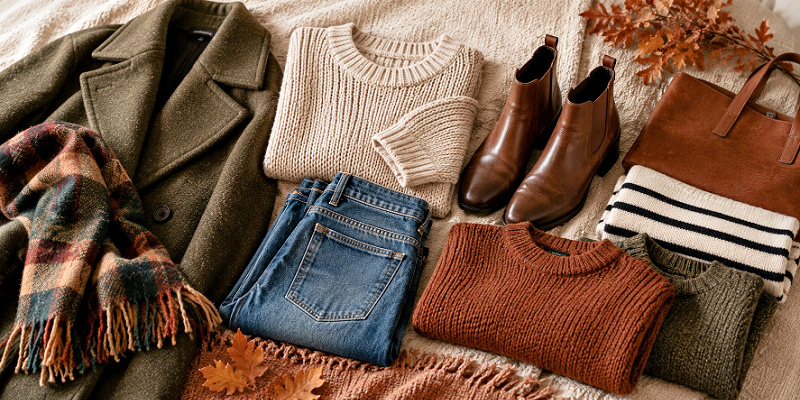 Flatlay of Autumn clothes #autumnwardrobeeditandplan https://www.style-yourself-confident.com/autumn-wardrobe-edit-and-plan.html