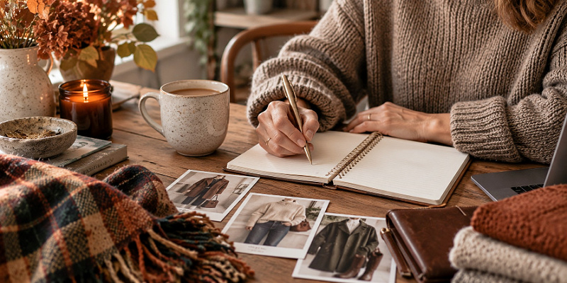 Woman making plan for Autumn outfits #autumnwardrobeeditandplan https://www.style-yourself-confident.com/autumn-wardrobe-edit-and-plan.html