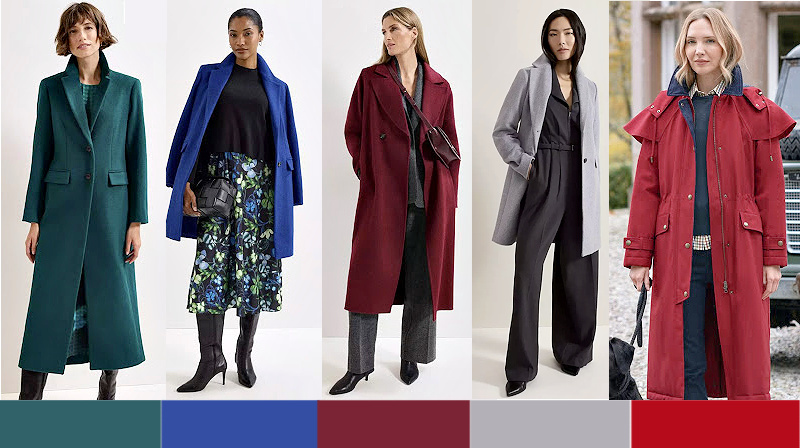 Collage of coats in jewel tones for Autumn #coolcolorsforAutumn #princessofwaleswearingjeweltones https://www.style-yourself-confident.com/cool-colors-for-autumn.html