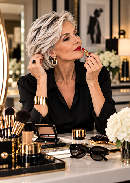 Woman with a dramatic style personality applying her makeup   #dramaticstylepersonality https://www.style-yourself-confident.com/dramatic-style-personality.html
