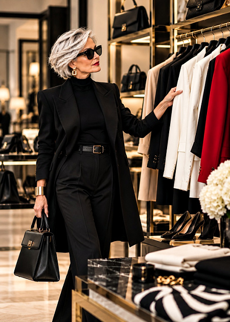 Woman with a dramatic style personality shopping  #dramaticstylepersonality https://www.style-yourself-confident.com/dramatic-style-personality.html