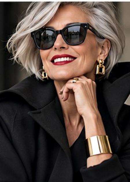 Smiling woman wearing dark glasses with a dramatic style personality #dramaticstylepersonality https://www.style-yourself-confident.com/dramatic-style-personality.html