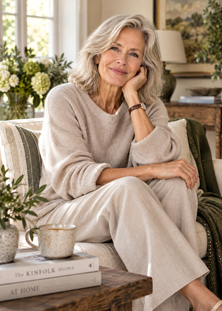 Woman sitting comfortably at home dressed in natural colors #naturalstylepersonality https://www.style-yourself-confident.com/natural-style-personality.html