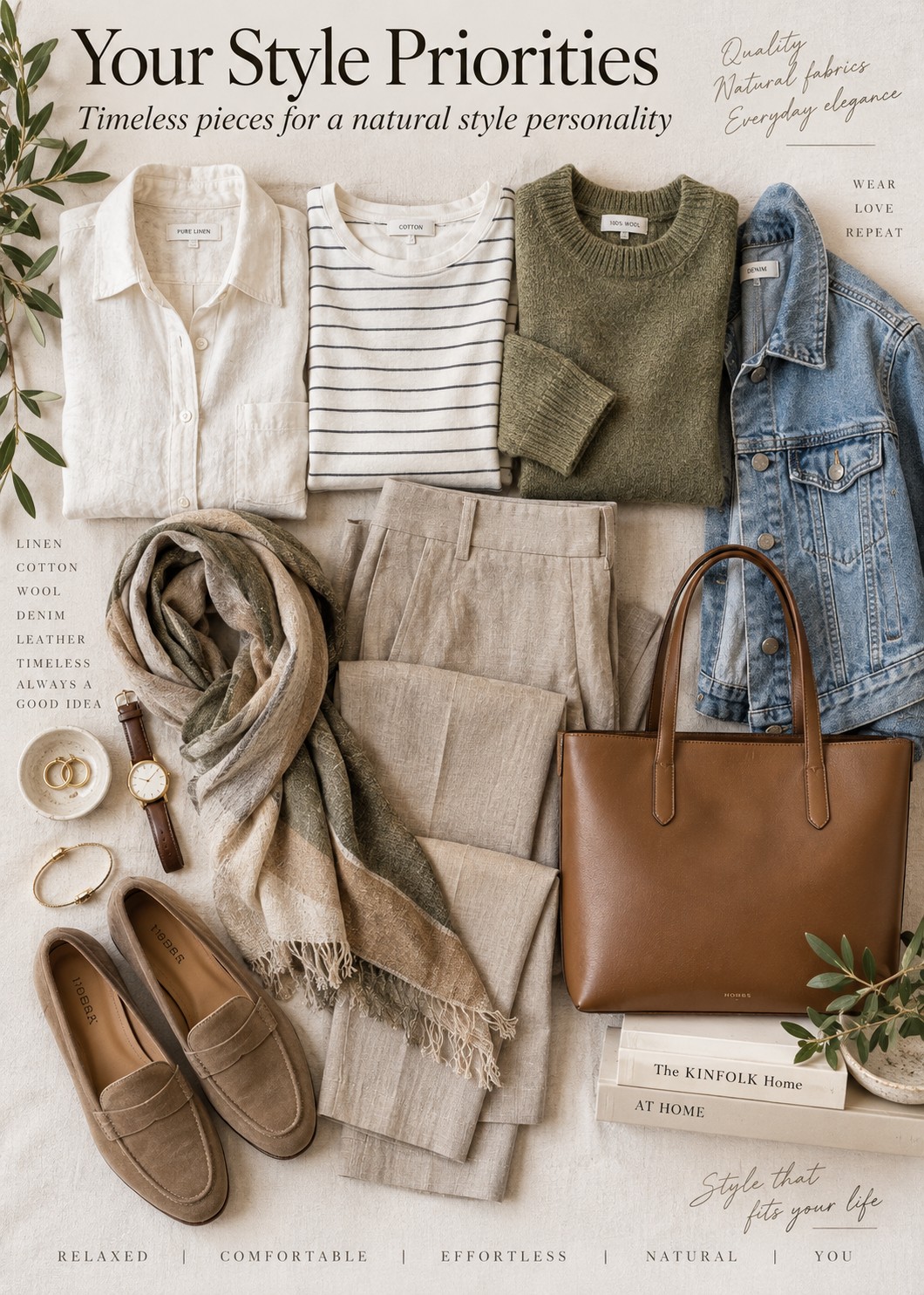 Flatlay of natural style type clothes  #naturalstylepersonality https://www.style-yourself-confident.com/natural-style-personality.html