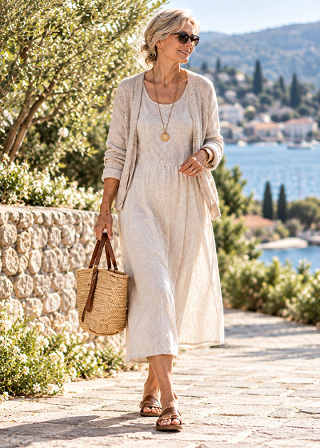 Woman wearing natural linen dress and cardigan in the sunshine   #naturalstylepersonality https://www.style-yourself-confident.com/natural-style-personality.html