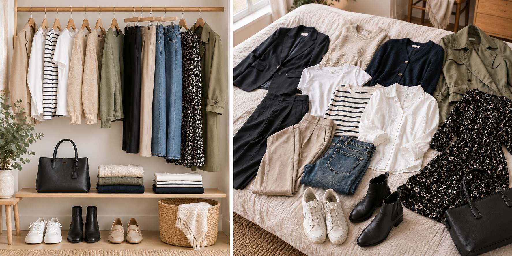 A few easy wear items hanging on a rail, and then laying on the bed #buildacapsulewardrobe https://www.style-yourself-confident.com/build-a-capsule-wardrobe.html