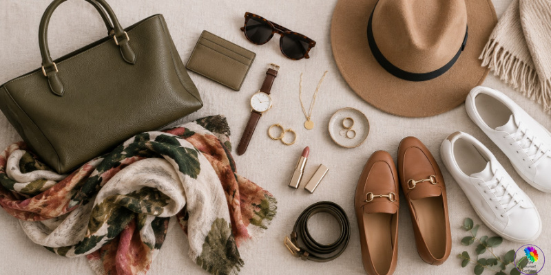 A flatlay image of autumn toned accessories #buildacapsulewardrobe https://www.style-yourself-confident.com/build-a-capsule-wardrobe.html