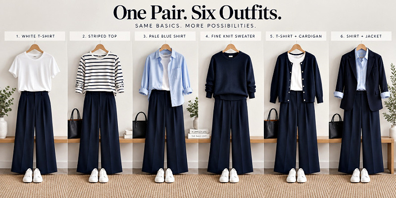 One pair of trousers into 6 outfits #buildacapsulewardrobewithclothesyouown  https://www.style-yourself-confident.com/capsule-wardrobe-with-clothes-you-already-own.html
