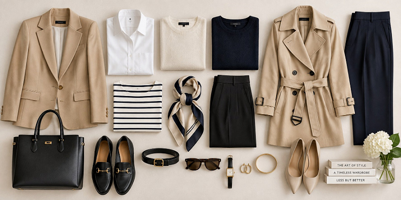 Flatlay of clothes for classic style personality  #classicstylepersonality https://www.style-yourself-confident.com/classic-style-personality.html