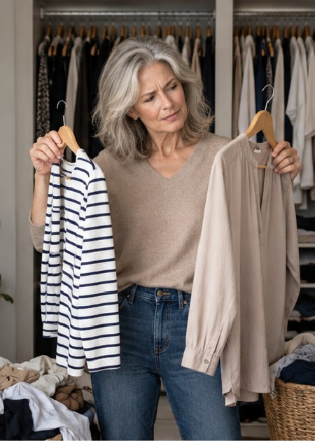 Woman deliberating between two tops from her closet #closetmakeover https://www.style-yourself-confident.com/closet-makeover.html