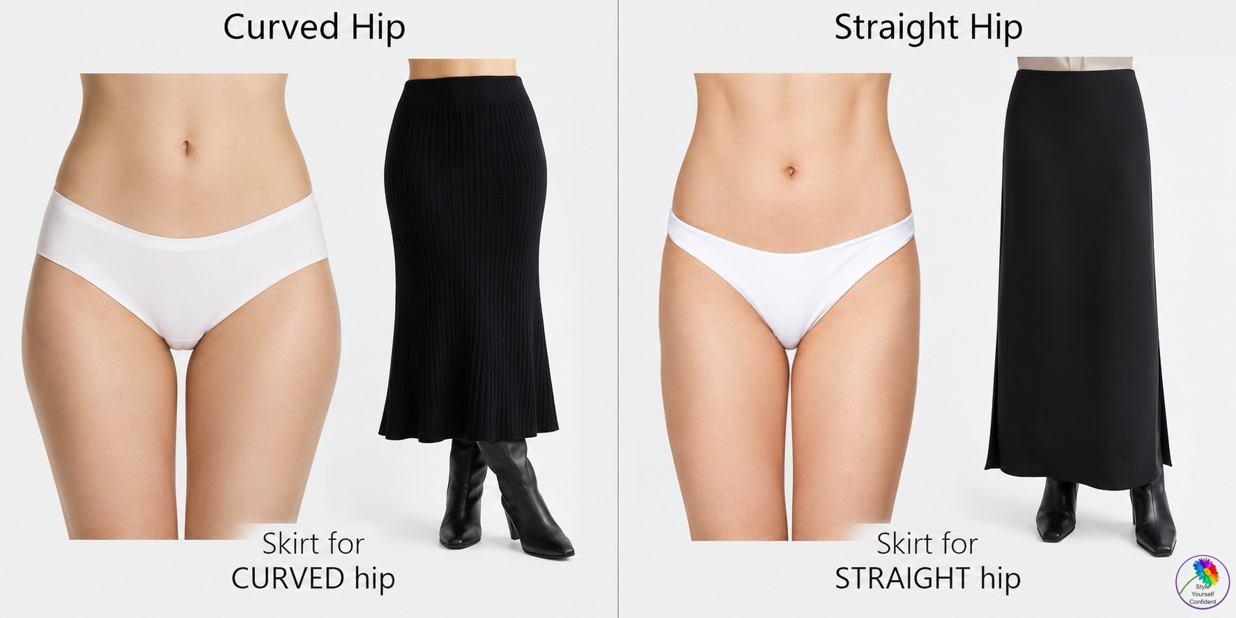 Curved hips and appropriate skirt, Straight hips and appropriate skirt #hipshape #bodytype https://www.style-yourself-confident.com/hip-shape.html