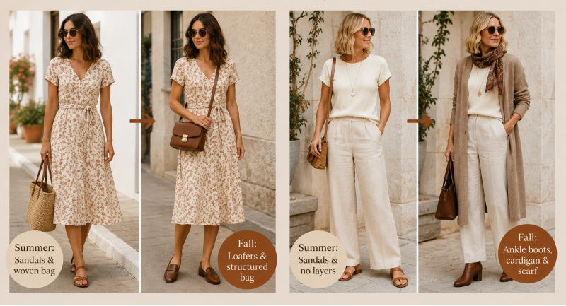 Showing how a change of accessories takes your summer clothes into Fall #summerclothesintofall #accessoriesintofall https://www.style-yourself-confident.com/how-accessories-take-your-summer-clothes-into-fall.html