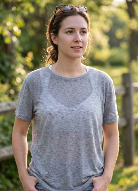 Woman with white bra showing through her top. Nude is the NOW! #nudebra #whitebrasshow https://www.style-yourself-confident.com/who-needs-a-white-bra.html