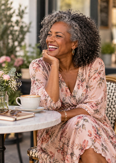 Woman sitting laughing in pink floral dress  #styleconfidence https://www.style-yourself-confident.com/style-confidence.html