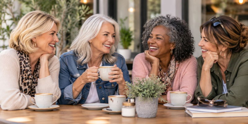Group of women friends enjoying meeting in a coffee shop #styleconfidence https://www.style-yourself-confident.com/style-confidence.html