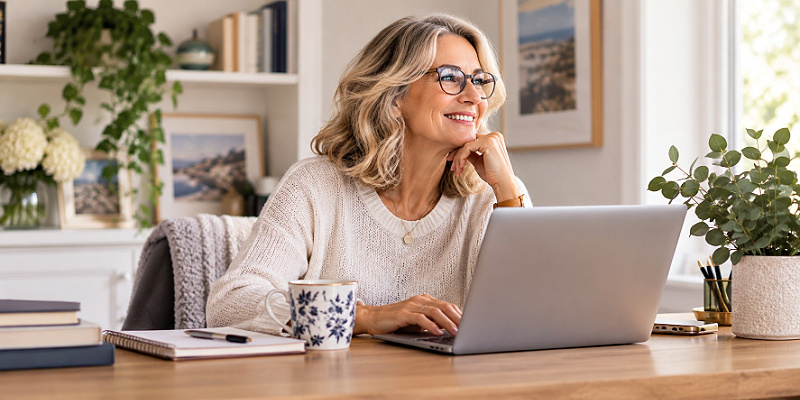 Woman on laptop at home taking quizzess on the internet #styleconfidence https://www.style-yourself-confident.com/style-confidence.html