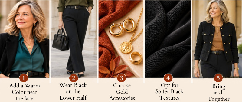 How to wear black with Warm coloring #wearblackwithwarmcoloring https://www.style-yourself-confident.com/wear-black-with-warm-coloring.html